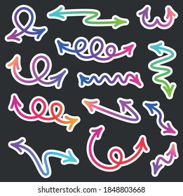Set of paper bidirectional isolated arrows. Multicolored gradient arrows of different shapes with white outline on black background. Vector illustration.