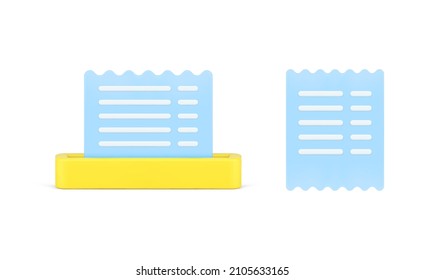 Set of paper bill from POS terminal after buying to purchase or invoice ticket template 3d icon design vector illustration. Receipt document for paying goods isolated. Commercial retail agreement doc