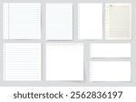 Set of paper blank with line for note, mail, shcool. Square and lined paper for notice, write memo, text. Empty ripped notepaper on isolated background. vector stock illustration