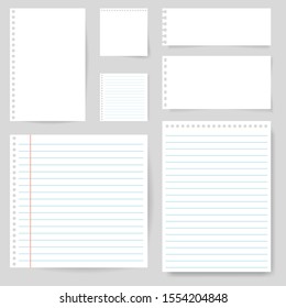 Set of paper blank with line for note, mail, shcool. Torn sheet of paper page. Square and lined paper for notice, write memo, text. Empty ripped notepaper on isolated background. vector eps10