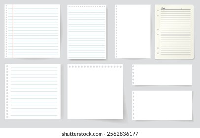 Set of paper blank with line for note, mail, shcool. Square and lined paper for notice, write memo, text. Empty ripped notepaper on isolated background. vector stock illustration