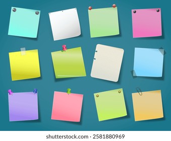 Set of paper blank note with pins on blue background, realistic, with shadows, various pins and colors. 