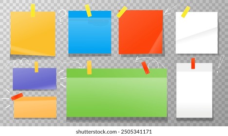 Set of paper blank stickers. Paper notes. Isolated on transparent background. Vector graphics.