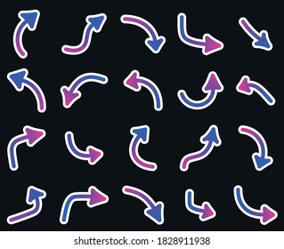Set of paper blue and purple gradient pointers and arrows. Isolated arrows with white outline on black background. Vector illustration.
