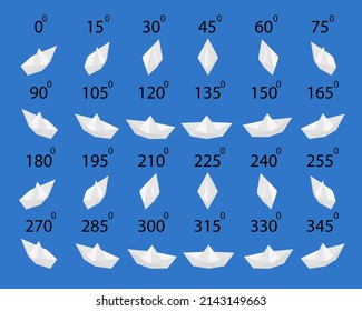 Set of paper boat isometric. Rotation of the paper boat by 15 degrees for animation.