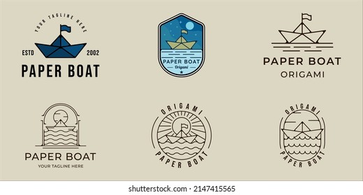 set of paper boat logo line art vintage vector illustration template icon graphic design. bundle collection of various origami or ship sign or symbol with badge emblem and minimalist typography