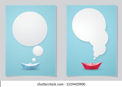 Set of Paper boat and white text box. paper cut style.