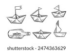 Set of paper boats. Paper boat in the bottle with wave. Vector sketch.