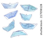 set of paper boats painted in watercolor, hand drawn vector illustration painted in blue watercolor, hand drawn design elements