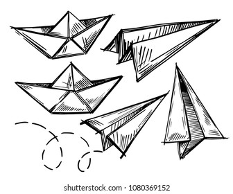 Set of paper boats and planes. Vector sketch.