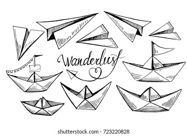 Set of paper boats and planes. Vector sketch.