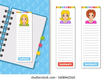 Set of paper bookmarks for books with cute cartoon characters. For kids. Beautiful cute fashionable girls with jewelry. Color vector illustration.