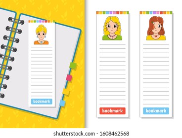 Set of paper bookmarks for books with cute cartoon characters. For kids. Beautiful cute fashionable girls with jewelry. Color vector illustration.