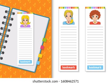 Set of paper bookmarks for books with cute cartoon characters. For kids. Beautiful cute fashionable girls with jewelry. Color vector illustration.