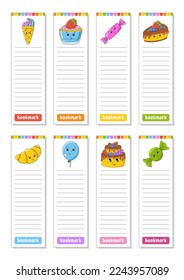 Set of paper bookmarks for books with cute cartoon characters. For kids. Isolated on white background. Vector illustration.