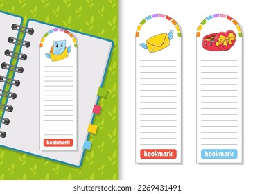 Set of paper bookmarks for books with cute cartoon characters. For kids. Isolated on white background. Vector illustration.