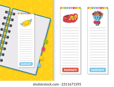 Set of paper bookmarks for books with cute cartoon characters. For kids. Isolated on white background. Vector illustration.
