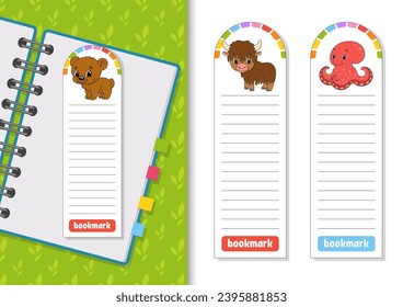 Juego de marcadores de papel para libros con personajes lindos de dibujos animados. Para los niños. Aislado sobre fondo blanco. Ilustración vectorial.