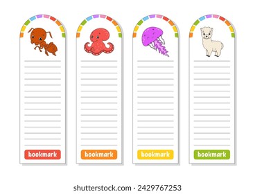 Set of paper bookmarks for books with cute cartoon characters. For kids. Isolated on white background. Vector illustration.