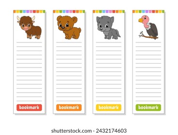 Set of paper bookmarks for books with cute cartoon characters. For kids. Isolated on white background. Vector illustration.