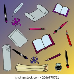 set of paper, books, brushes, pencils.Multi-colored imageon a colored background