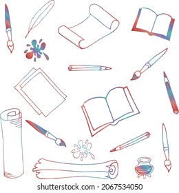 set of paper, books, brushes.rainbow outline on a white background