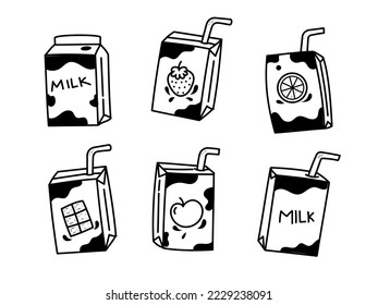 Set of paper box drinks with hand-drawn style isolated on white background. Drinks doodle illustrations
