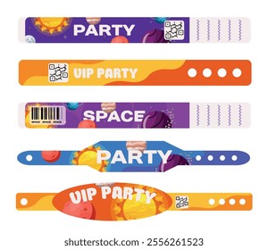 Set of paper bracelets for a space party in a cartoon style. Vector illustration of different vip party entrance wristbands with planets, outer space, barcode, qr code isolated on white background.