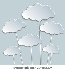 Legen Sie Papier mit hellen Wolken auf Stock in Papierschnitt-Stil. Set von 3D-Wolken mit Schatten auf grauem Hintergrund. Vektorgrafik. 