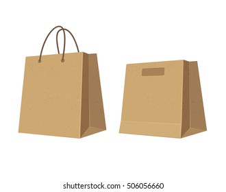 Set paper brown shopping bags. Vector flat color illustration. Isolated on white background.