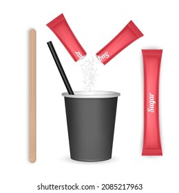 Set of paper and cardboard cups and coffee mugs with drinks, top view, vector format