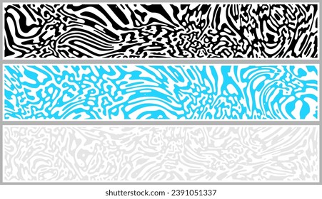 Set of paper cards with liquid design and rippled contrast curve lines. Psychedelic banner, flier, invitation, booklet. Vector illustration