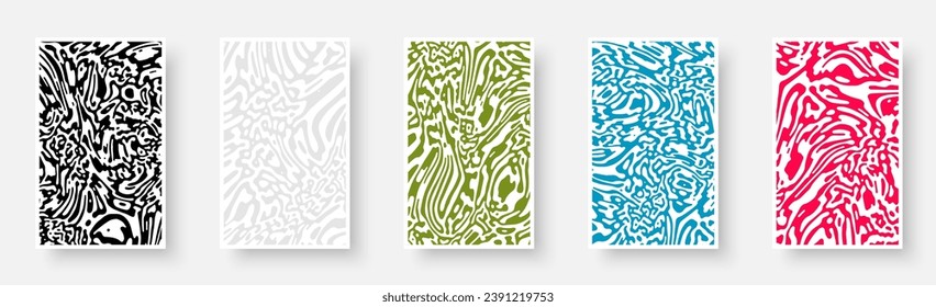 Set of paper cards with liquid design and rippled contrast curve lines. Psychedelic banner, flier, invitation, booklet. Vector illustration