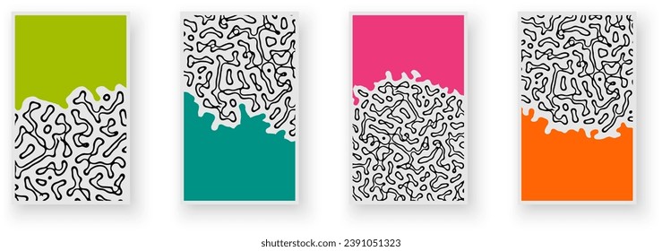 Set of paper cards with textured liquid pattern design and rippled effect of the illusion of movement . Trendy banner, flier, invitation, booklet. Vector illustration