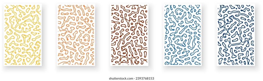 Conjunto de tarjetas de papel con diseño de patrón Turing texturizado y líneas líquidas de difusión de reacción de contraste áspero. Banner de moda, volante, invitación, folleto. Ilustración del vector
