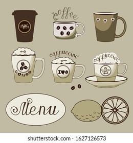 a set of paper and ceramic cups and mugs with foam, as well as whole and cut lemons, on a beige isolated background with the inscriptions Coffee, cappuccino and menu