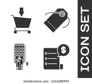 Set Paper check and financial check, Add to Shopping cart, Pos terminal with inserted credit card and Blank label template price tag icon. Vector