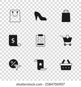 Set Paper check and financial check, Add to Shopping cart, basket, Clipboard with checklist, shopping bag, Woman shoe and  icon. Vector