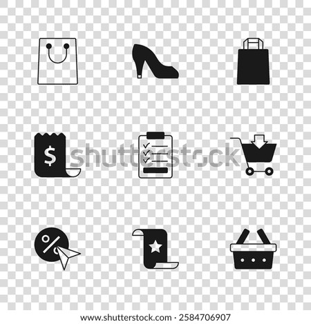 Set Paper check and financial check, Add to Shopping cart, basket, Clipboard with checklist, shopping bag, Woman shoe and  icon. Vector