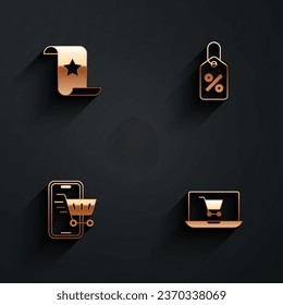 Set Paper check and financial check, Discount percent tag, Mobile with shopping cart and Shopping on screen laptop icon with long shadow. Vector