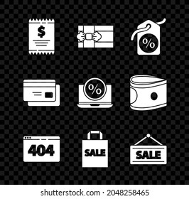 Set Paper check and financial check, Gift box, Discount percent tag, Page with 404 error, Shoping bag Sale, Hanging sign, Credit card and Percent discount laptop icon. Vector