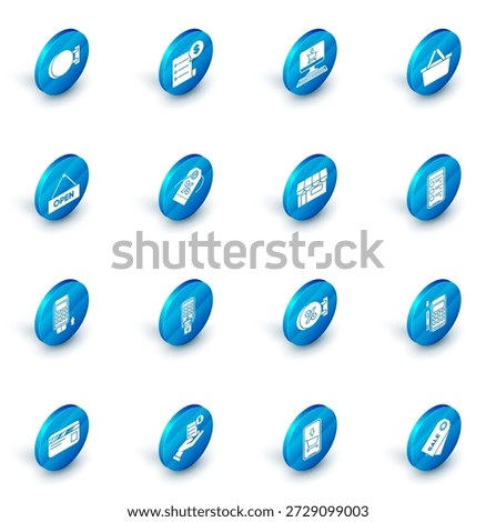 Set Paper check and financial check, Hanging sign with text Open door, Pos terminal inserted credit card, Discount percent tag, Online shopping mobile phone and building market store icon. Vector