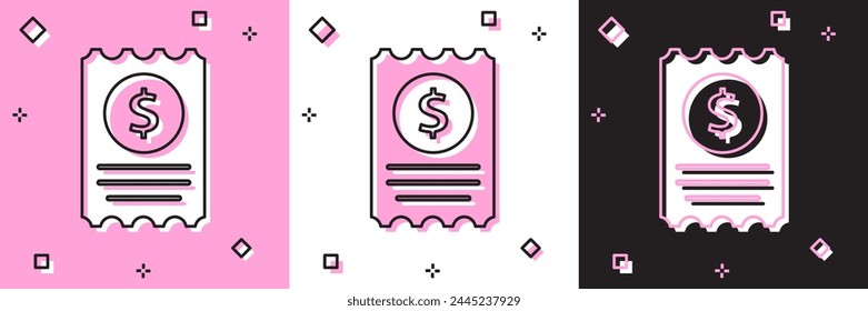Set Paper check and financial check icon isolated on pink and white, black background. Paper print check, shop receipt or bill.  Vector Illustration