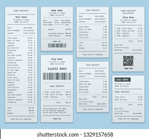 Set Paper check and financial check isolated. Cash register sales receipts printed on thermal rolled paper. Cash receipt vector illustration