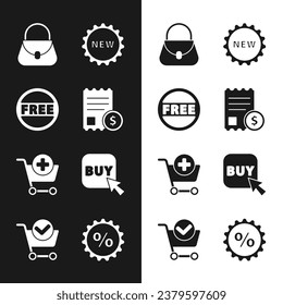 Set Paper check and financial check, Price tag with Free, Handbag, text New, Add to Shopping cart, Buy button, Discount percent and mark icon. Vector