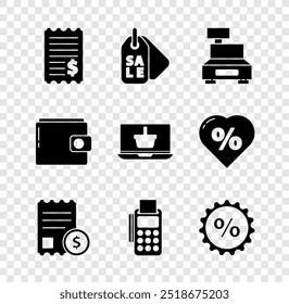 Set Paper check and financial check, Price tag with Sale, Cash register machine, POS terminal credit card, Discount percent, Wallet and Shopping basket on laptop icon. Vector