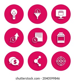 Set Paper check and financial check, Share, Target with dollar, Shopping building or market store, Speech bubble, Financial growth coin, Online shopping concept and Light bulb icon. Vector