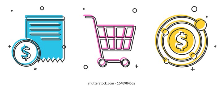 Set Paper check and financial check, Shopping cart and Target with dollar symbol icon. Vector