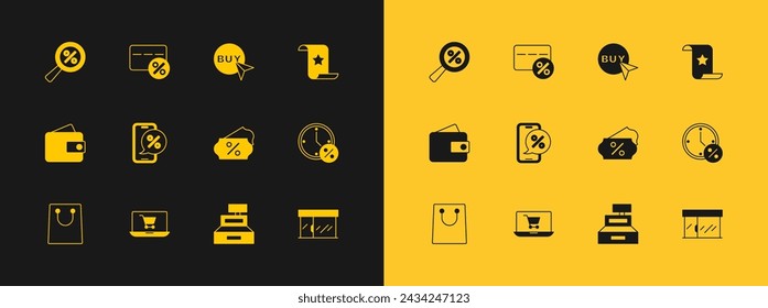 Set Paper check and financial check, Shopping cart on screen laptop, Discount percent tag, Cash register machine, Percent discount phone, Buy button, Magnifying glass with and card icon. Vector