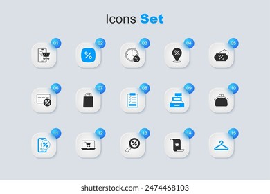 Set Paper check and financial check, shopping bag, Discount percent tag, Percent discount on phone, Hanger wardrobe, Wallet, Mobile with cart and Clipboard checklist icon. Vector